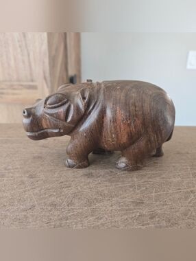 Hand-Carved Wooden Hippo Figurine - Brown